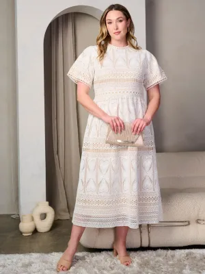 PLUS SIZE SHORT SLEEVE EYELET DETAILED TIERED MAXI DRESS