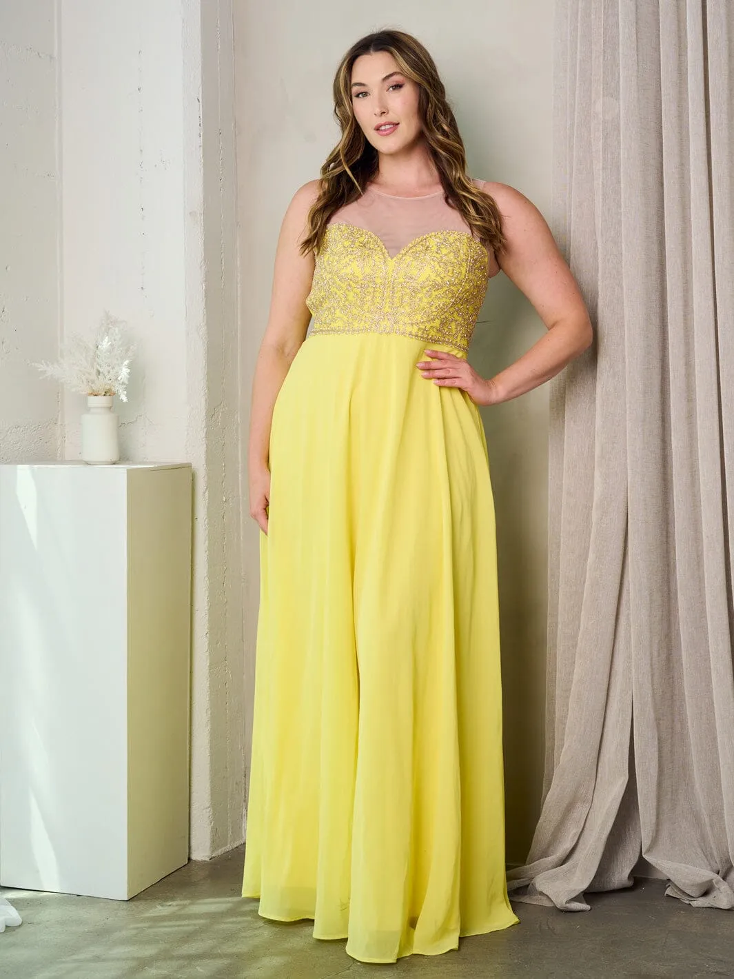 PLUS SIZE SLEEVELESS MESH DETAILED MAXI GOWN DRESS