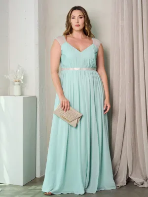 PLUS SIZE SLEEVELESS V-NECK PLEATED MAXI GOWN DRESS