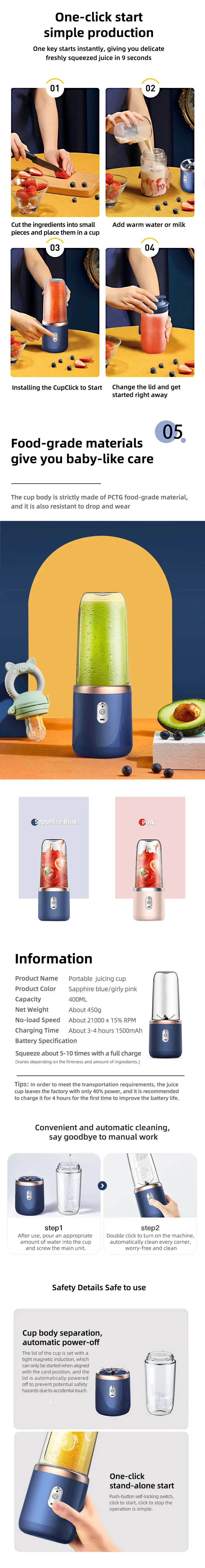 Portable Juicer Blender 400ml Electric  USB