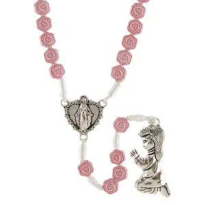 Praying Girl Pink Flower Cord Rosary
