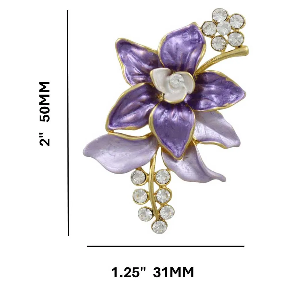 Purple and Lilac Enamel and Crystal Flower Brooch Pin - PRL403