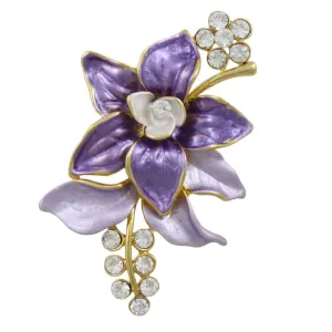 Purple and Lilac Enamel and Crystal Flower Brooch Pin - PRL403