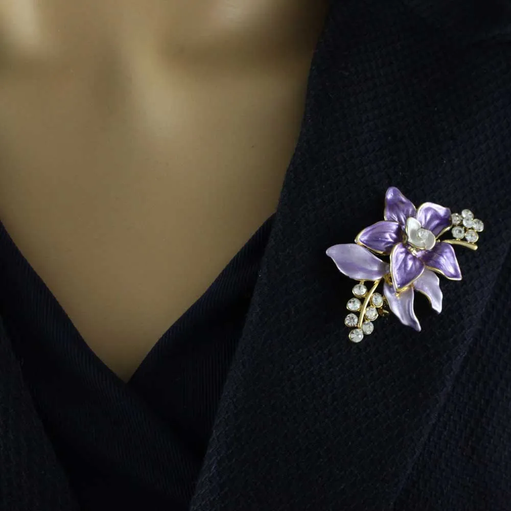 Purple and Lilac Enamel and Crystal Flower Brooch Pin - PRL403