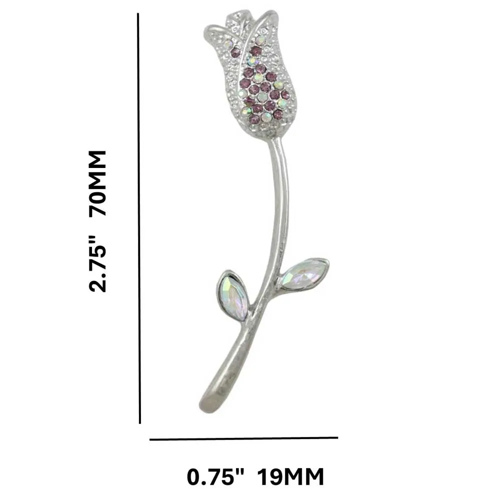 Purple Crystal Long Stem Rose Bud Brooch Pin - PRL306