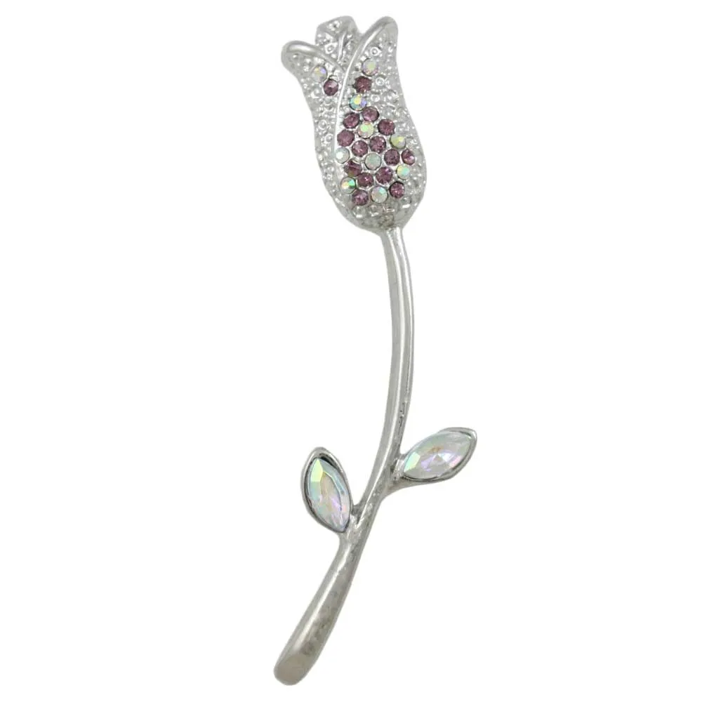 Purple Crystal Long Stem Rose Bud Brooch Pin - PRL306