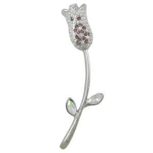 Purple Crystal Long Stem Rose Bud Brooch Pin - PRL306