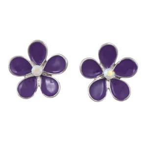 Purple Enamel Daisy with Crystal Center Pierced Earring - PRL178E
