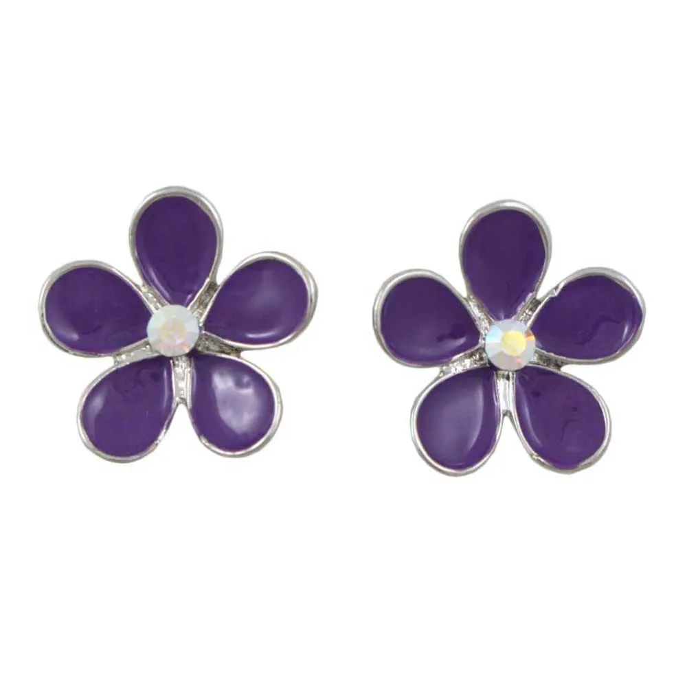 Purple Enamel Daisy with Crystal Center Pierced Earring - PRL178E