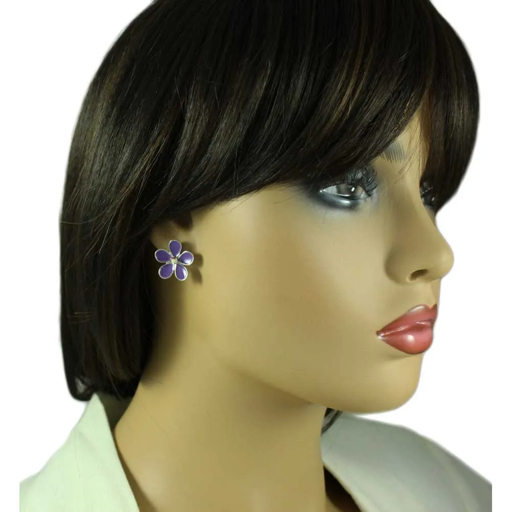 Purple Enamel Daisy with Crystal Center Pierced Earring - PRL178E