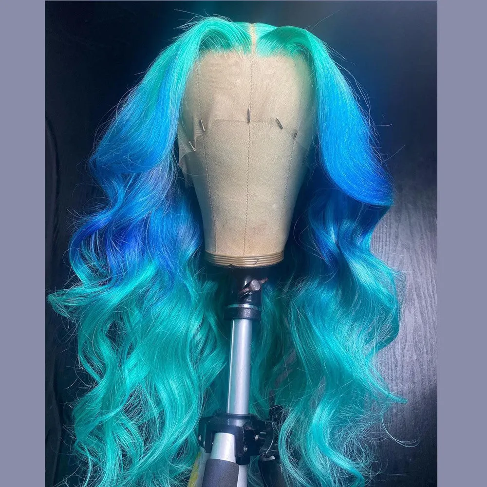 Real Human Hair Blue Gradient Color Lace Front Style Wig