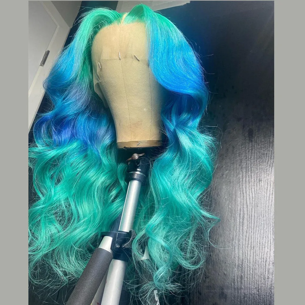 Real Human Hair Blue Gradient Color Lace Front Style Wig