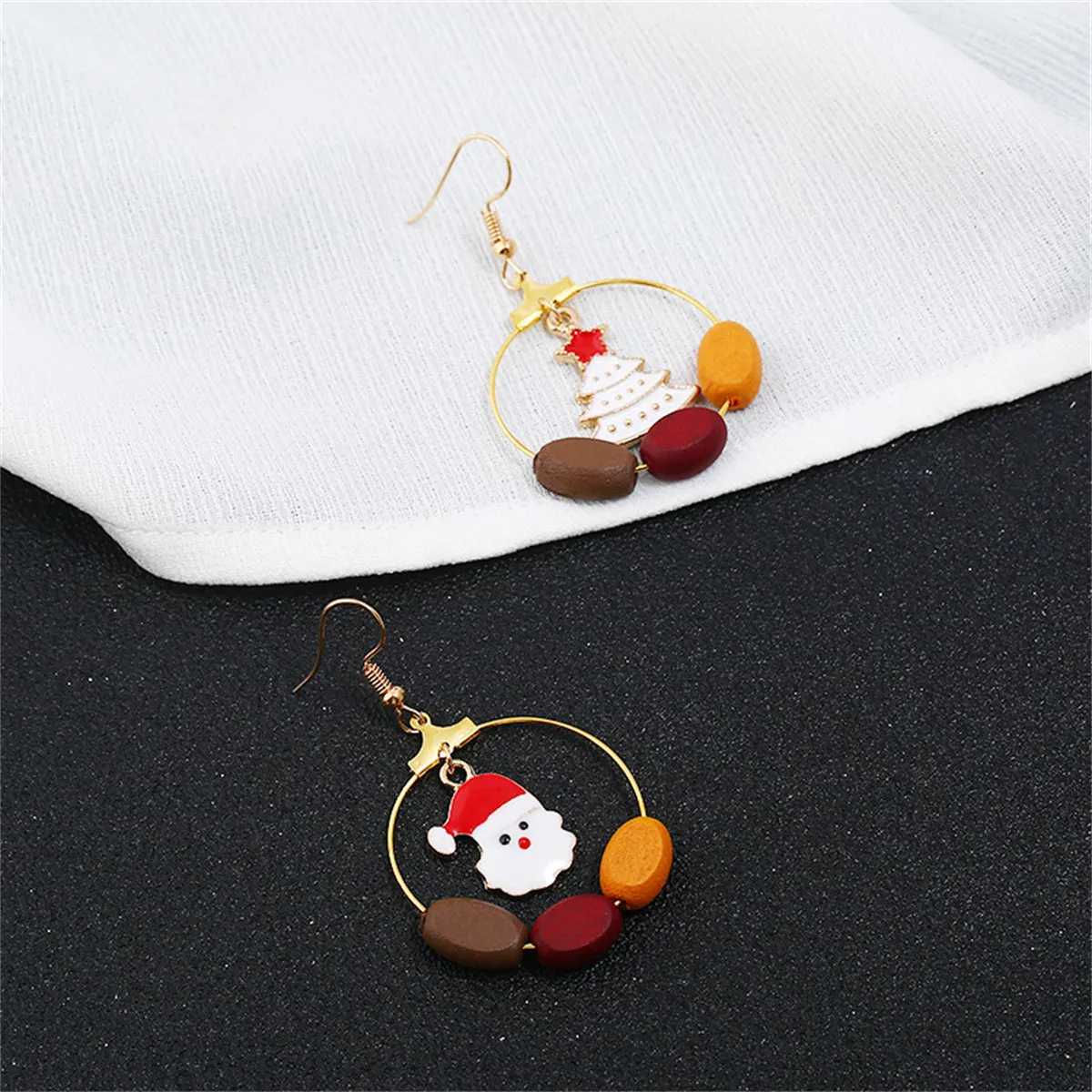 Red & White Santa Tree Circle Wood-Bead Drop Earrings