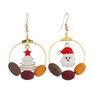 Red & White Santa Tree Circle Wood-Bead Drop Earrings