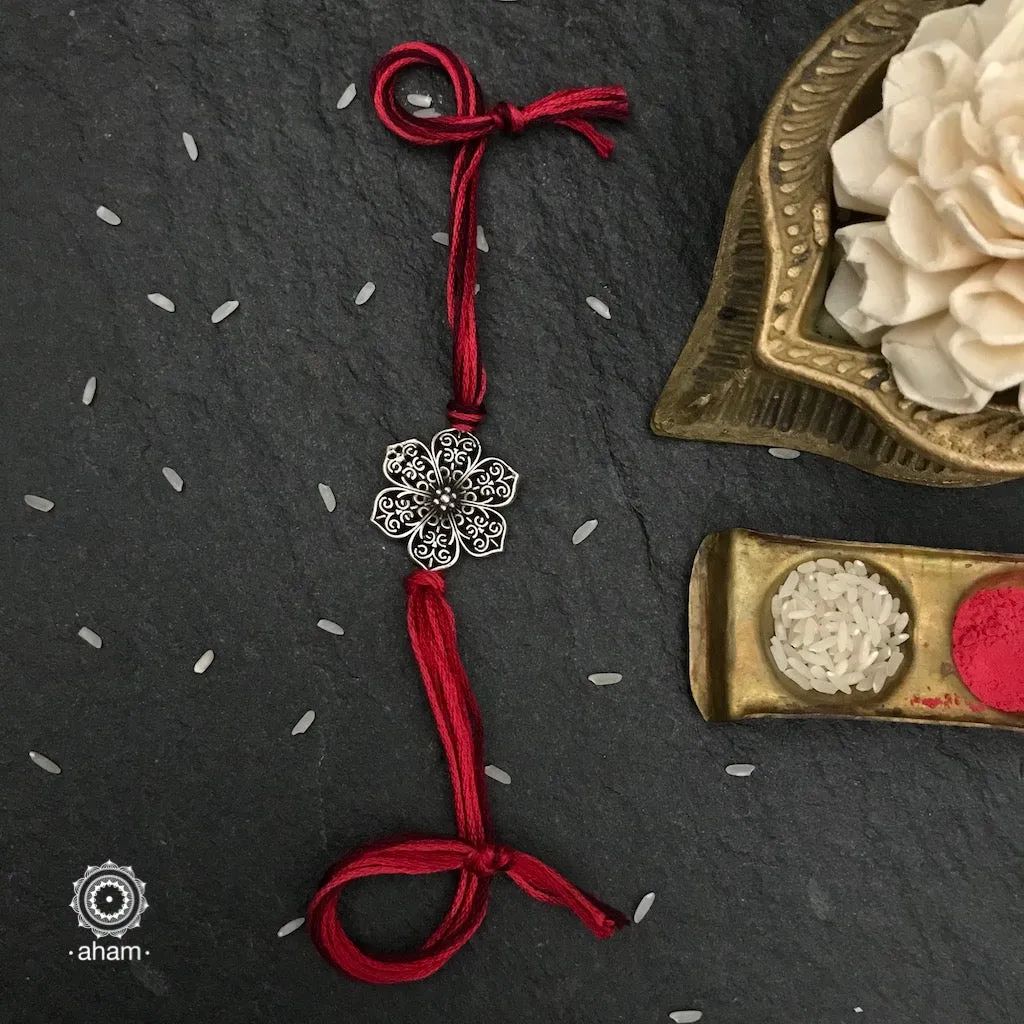 Red Flower Silver Rakhi