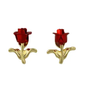 Red Rose Bud with Gold Stem Stud Pierced Earring - PRL005E