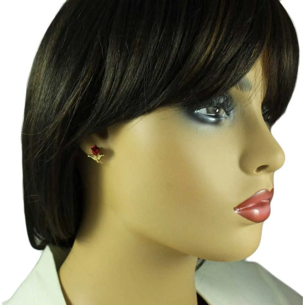 Red Rose Bud with Gold Stem Stud Pierced Earring - PRL005E