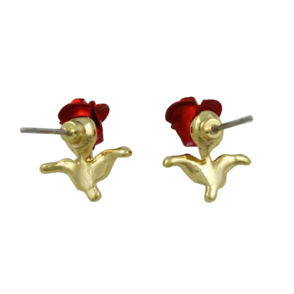 Red Rose Bud with Gold Stem Stud Pierced Earring - PRL005E