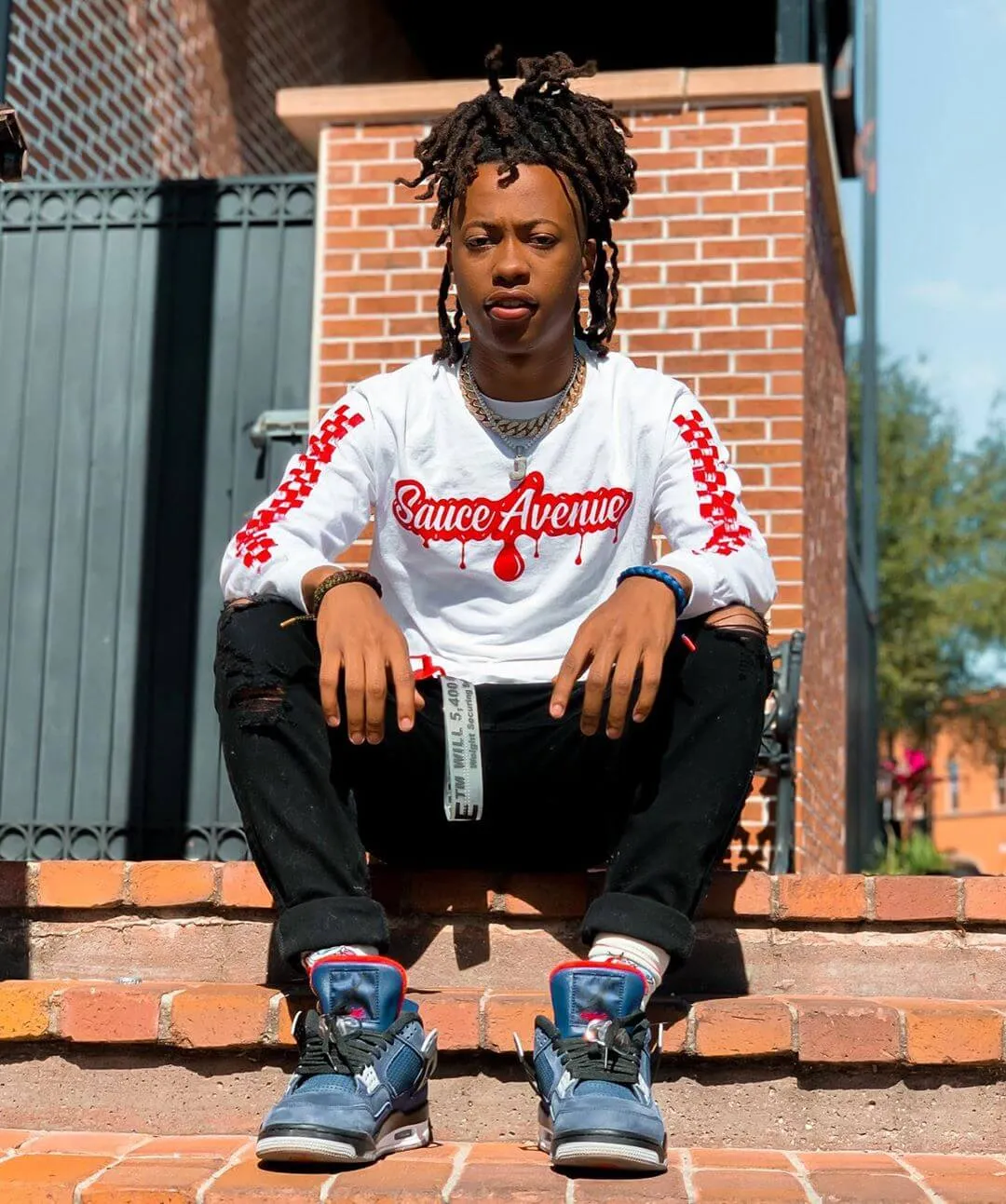 Red SA Drip | White Long Sleeve Tee (Solid Checkered Sleeves)