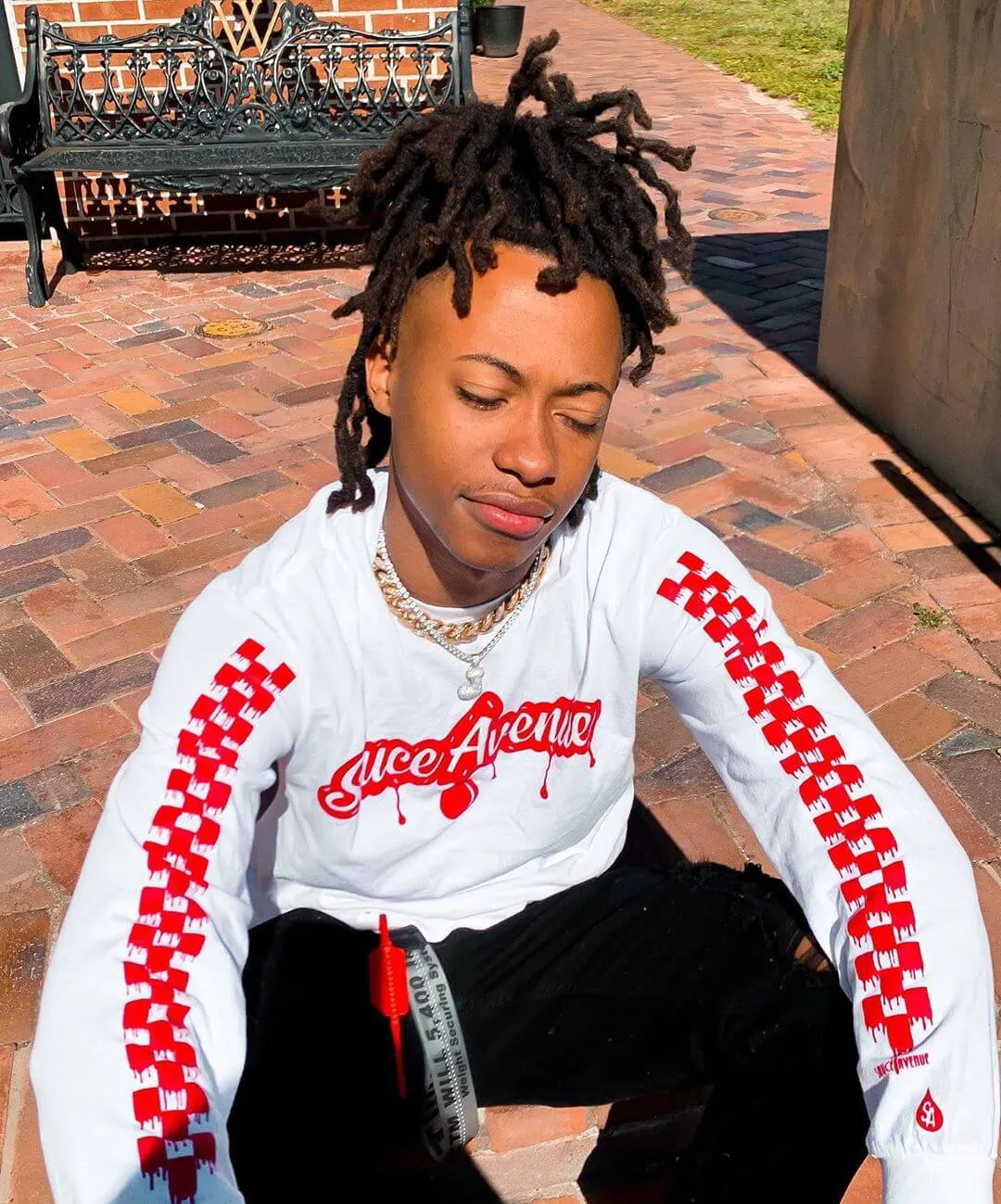 Red SA Drip | White Long Sleeve Tee (Solid Checkered Sleeves)