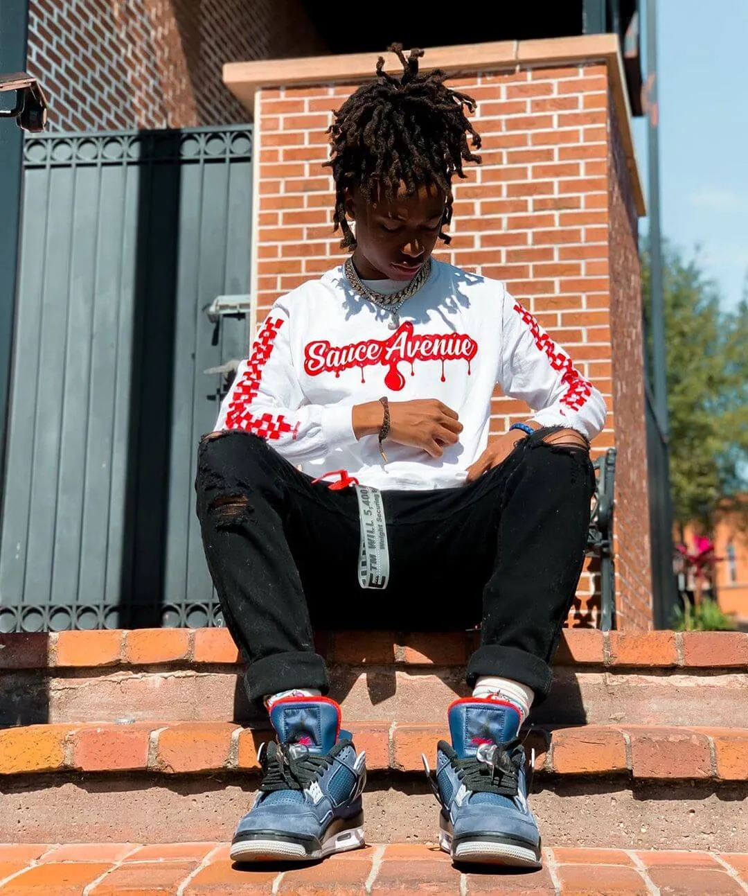 Red SA Drip | White Long Sleeve Tee (Solid Checkered Sleeves)