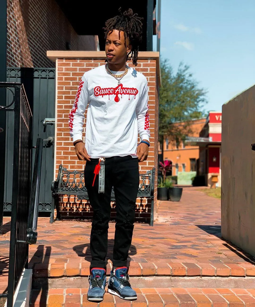 Red SA Drip | White Long Sleeve Tee (Solid Checkered Sleeves)