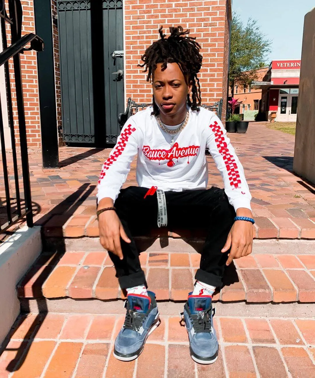 Red SA Drip | White Long Sleeve Tee (Solid Checkered Sleeves)