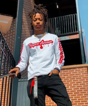 Red SA Drip | White Long Sleeve Tee (Solid Checkered Sleeves)