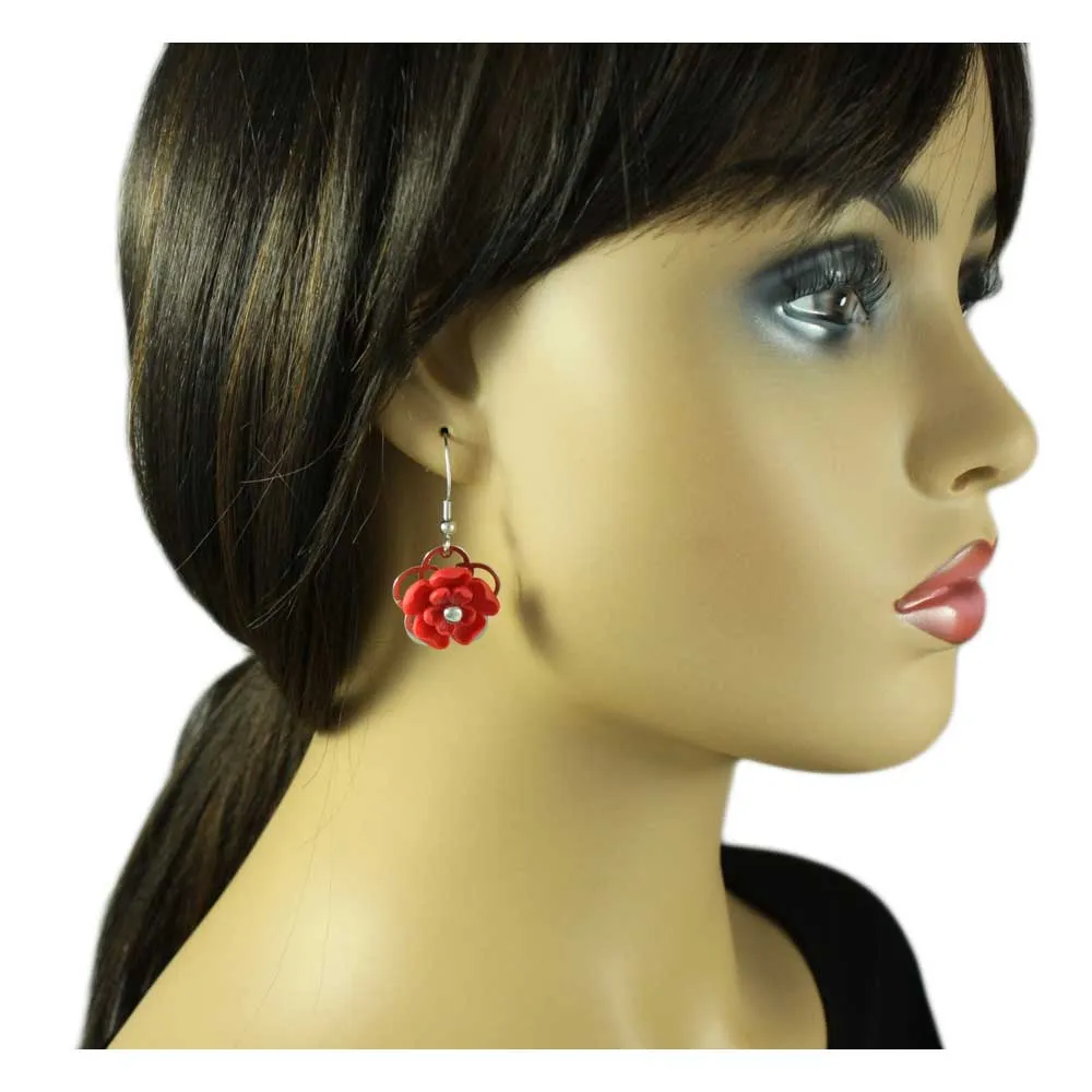 Red with Silver Flower Dangling Pierced Earring - FE602RD