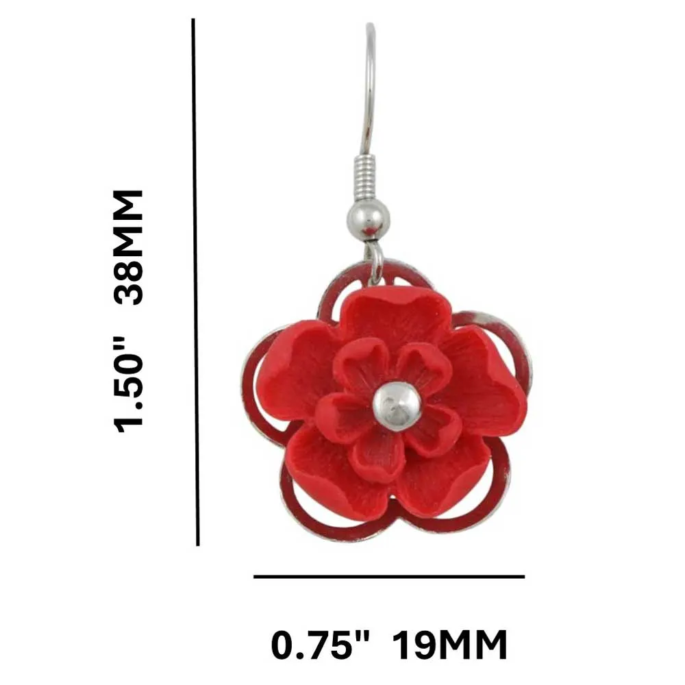 Red with Silver Flower Dangling Pierced Earring - FE602RD