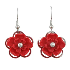 Red with Silver Flower Dangling Pierced Earring - FE602RD