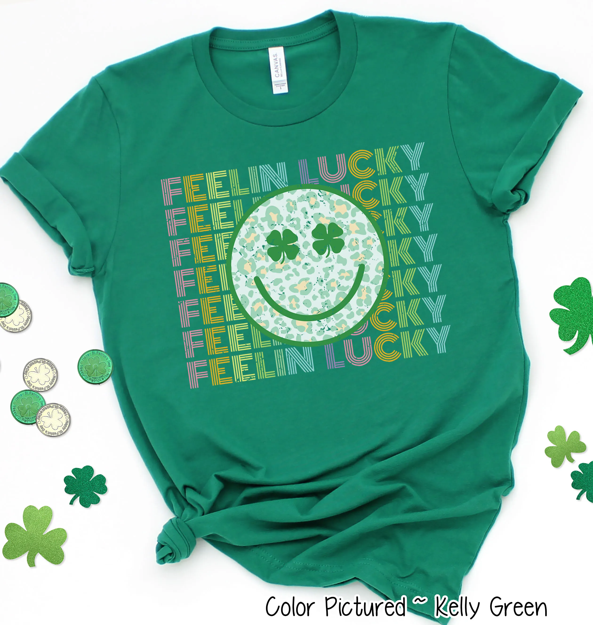 Retro Colorful Feelin Lucky Smiley Face St Patricks Day Tee