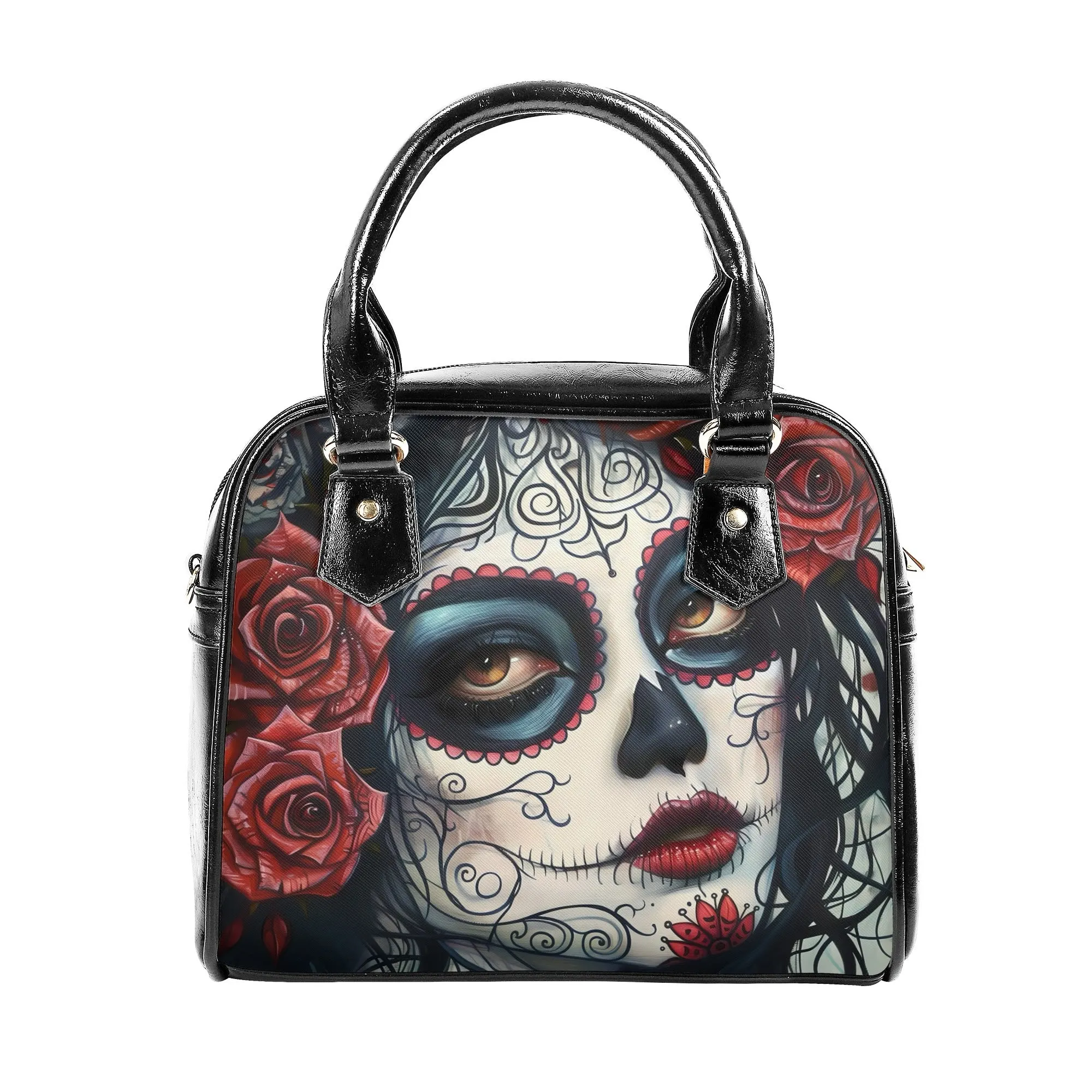 Rose Sugar Skull Girl Handbag – Gothic PU Leather Shoulder Bag with Day of the Dead Art