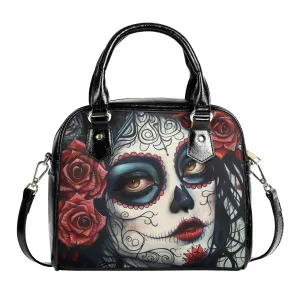 Rose Sugar Skull Girl Handbag – Gothic PU Leather Shoulder Bag with Day of the Dead Art