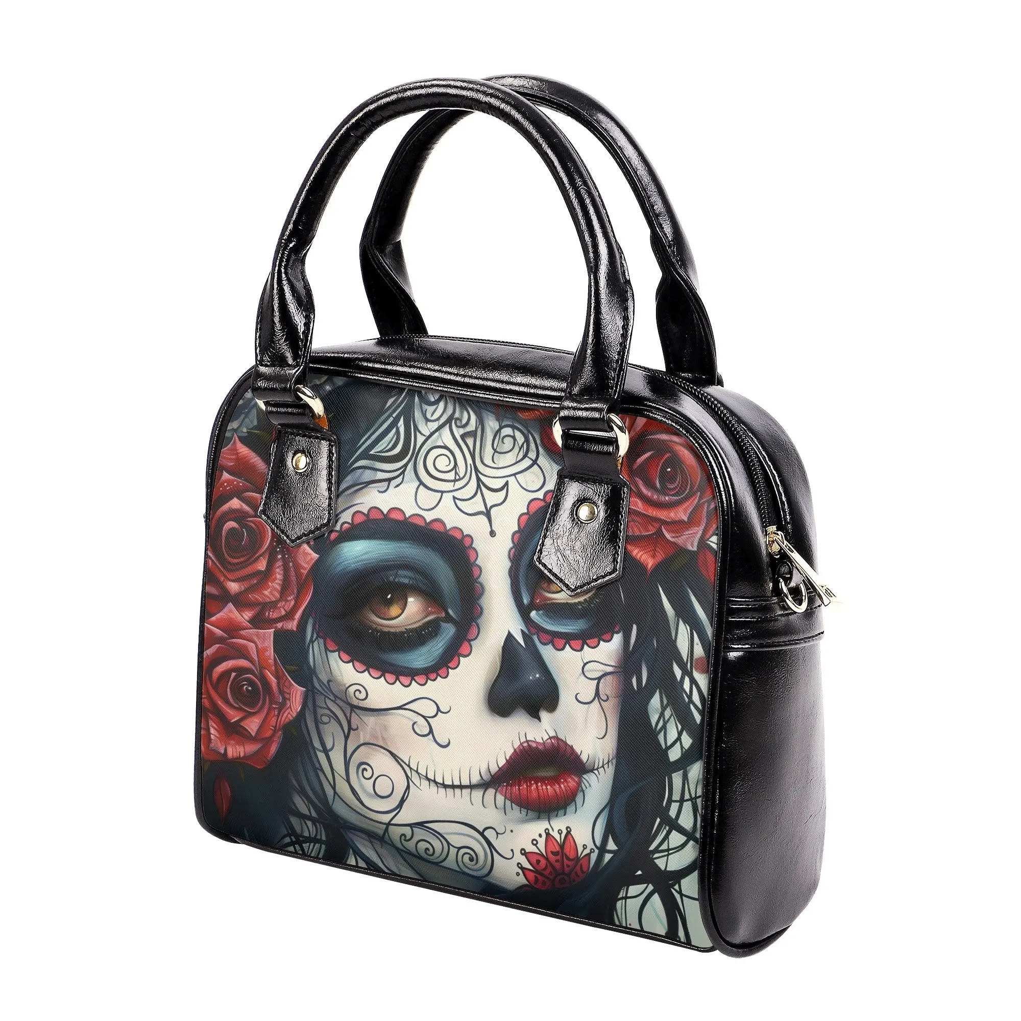 Rose Sugar Skull Girl Handbag – Gothic PU Leather Shoulder Bag with Day of the Dead Art