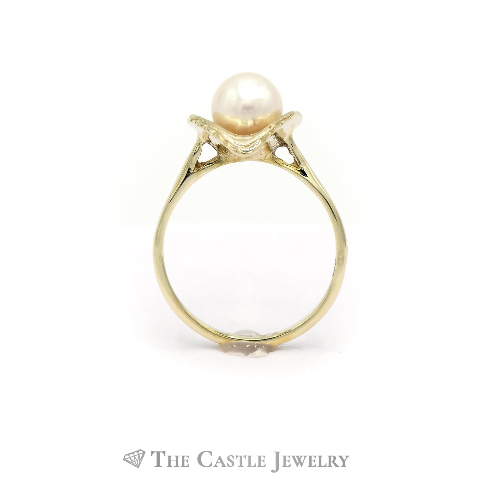 Round Pearl Ring in Leaf Designed 14k Yellow Gold Setting