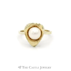 Round Pearl Ring in Leaf Designed 14k Yellow Gold Setting
