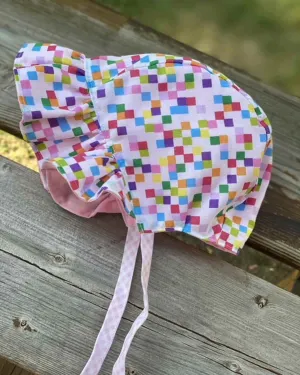 Ruffle Bonnet - Pink & Colorful Squares