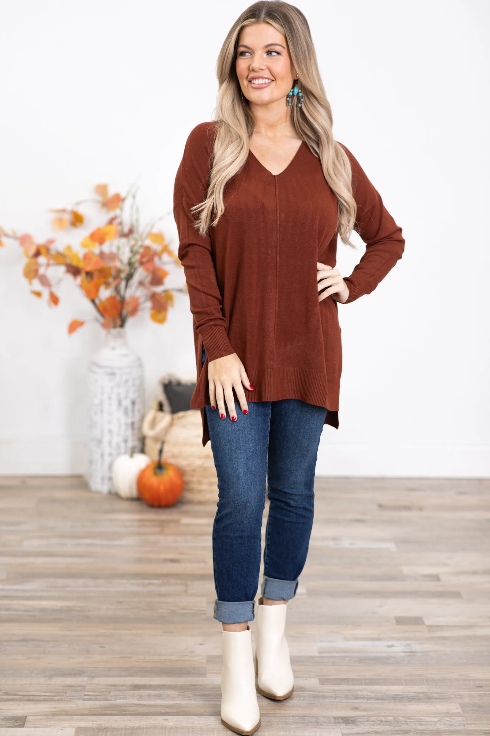 Rust V-Neck Lightweight Sweater