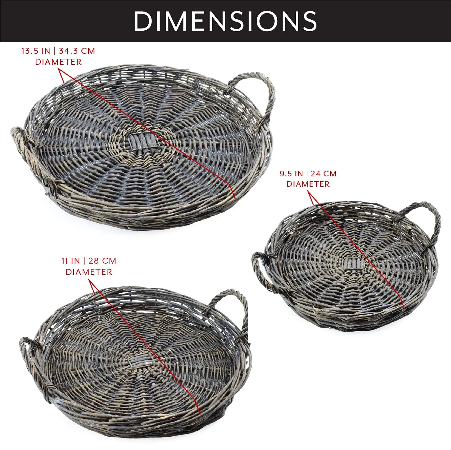 Rustic Willow Basket Trays, Set of 3 (Round, Gray Washed)