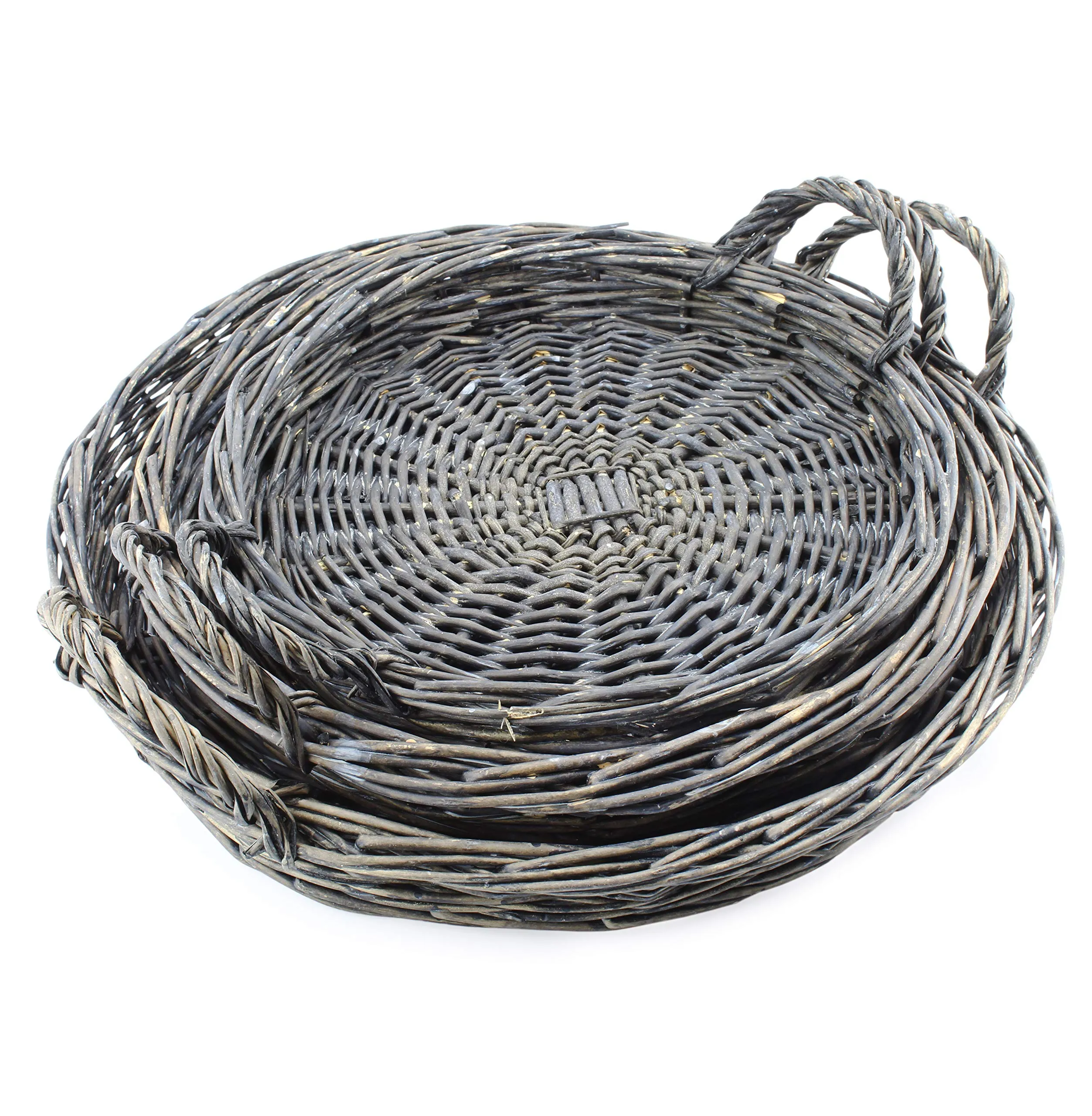 Rustic Willow Basket Trays, Set of 3 (Round, Gray Washed)