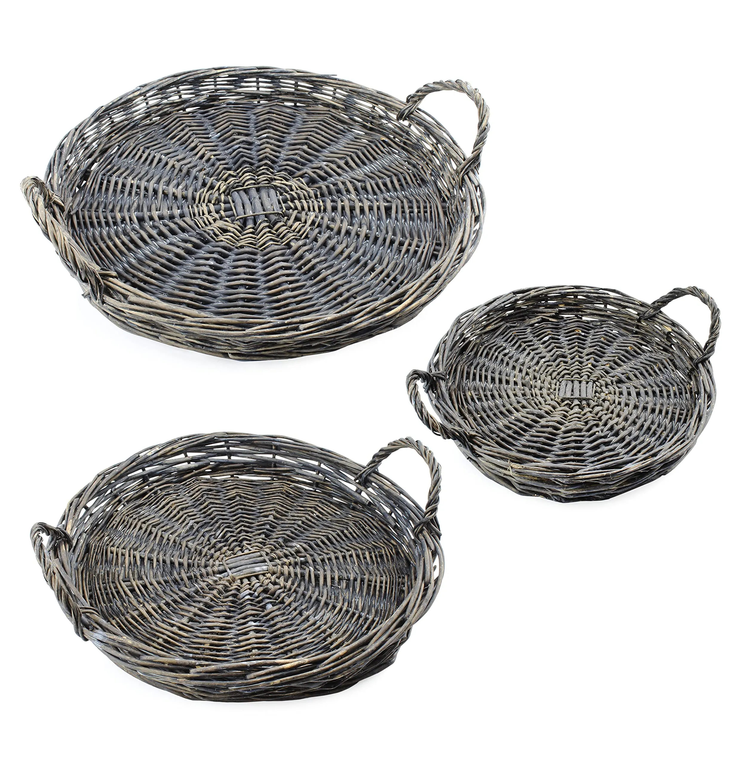 Rustic Willow Basket Trays, Set of 3 (Round, Gray Washed)
