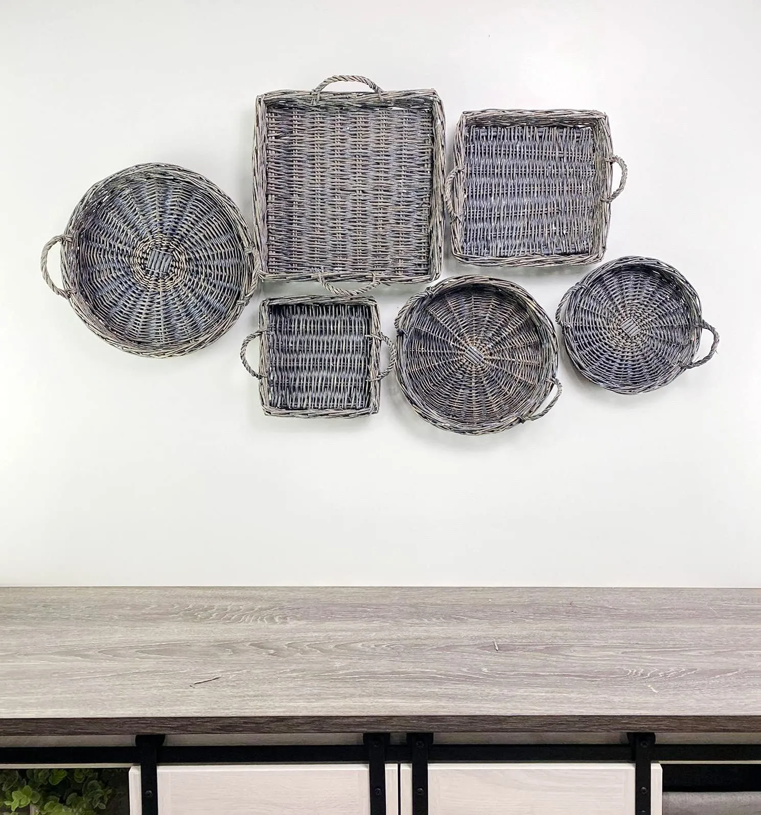 Rustic Willow Basket Trays, Set of 3 (Round, Gray Washed)