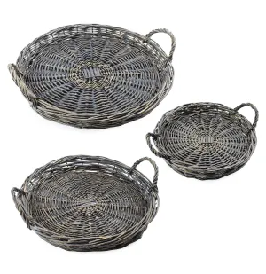Rustic Willow Basket Trays, Set of 3 (Round, Gray Washed)