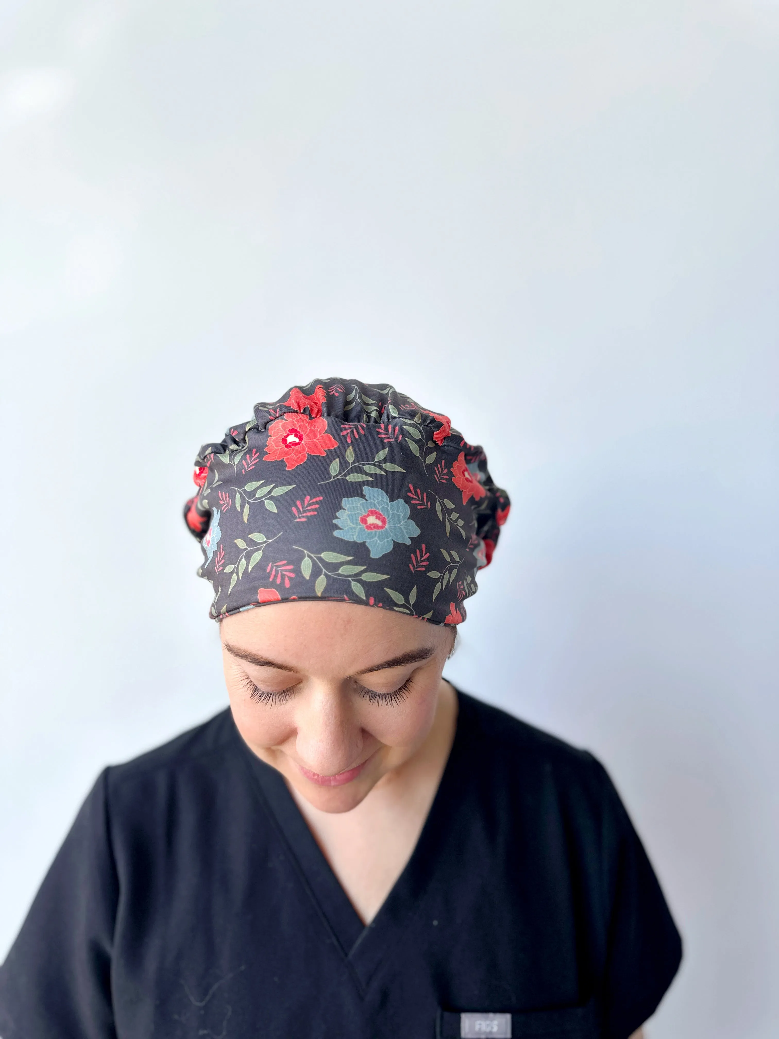 Scrub Hat - Gold Lined Floral on Grey