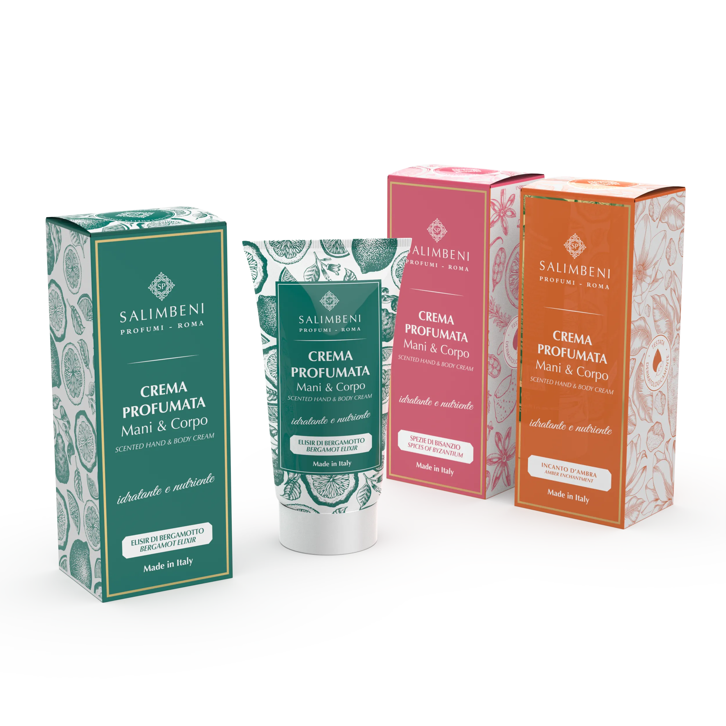 Set tre Creme Profumate per Mani e Corpo da 50ml (Elisir di Bergamotto   Incanto d'Ambra   Spezie di Bisanzio)