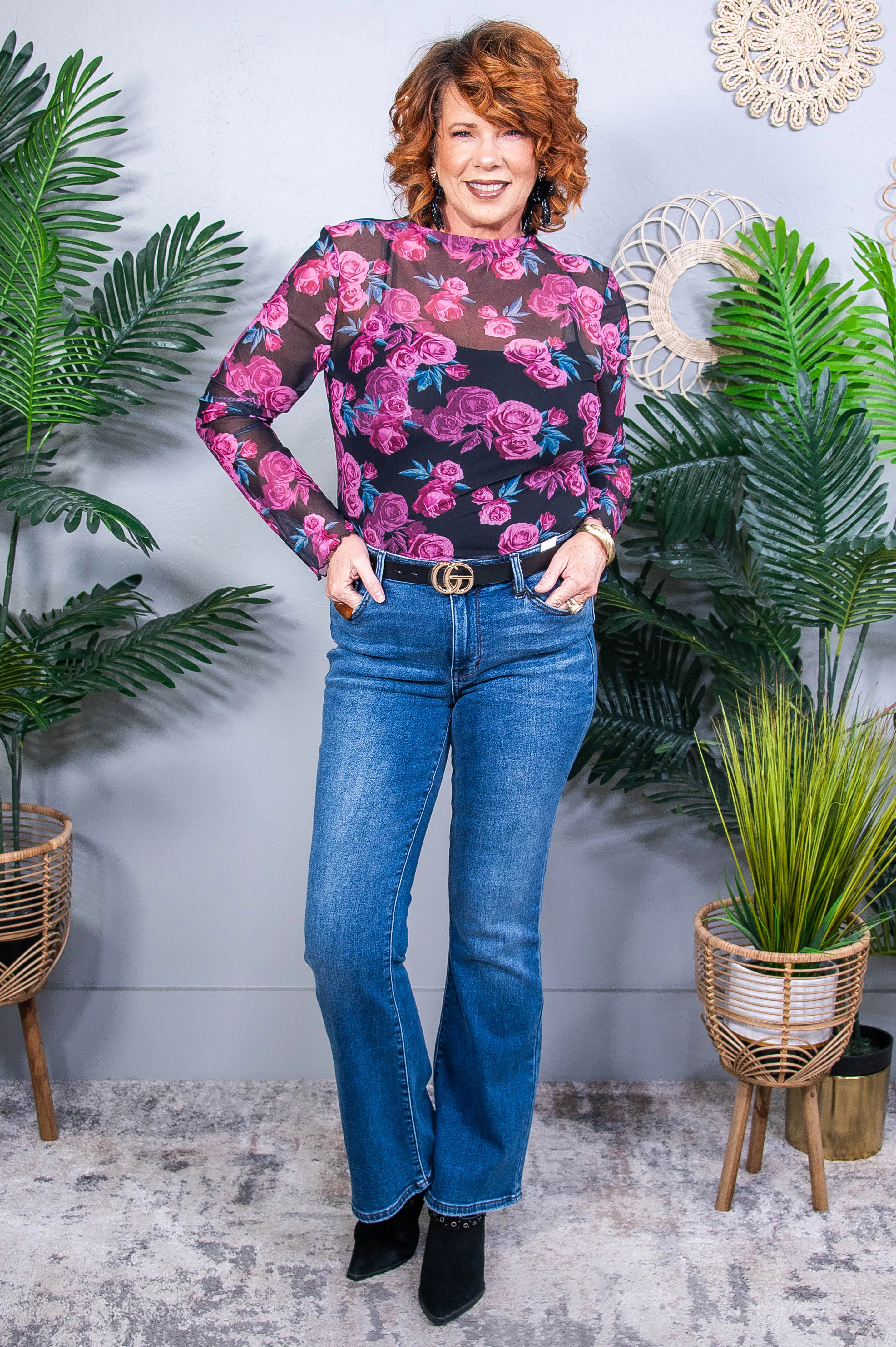 Sheer Sensation Floral Mock Neck Long Sleeve Top