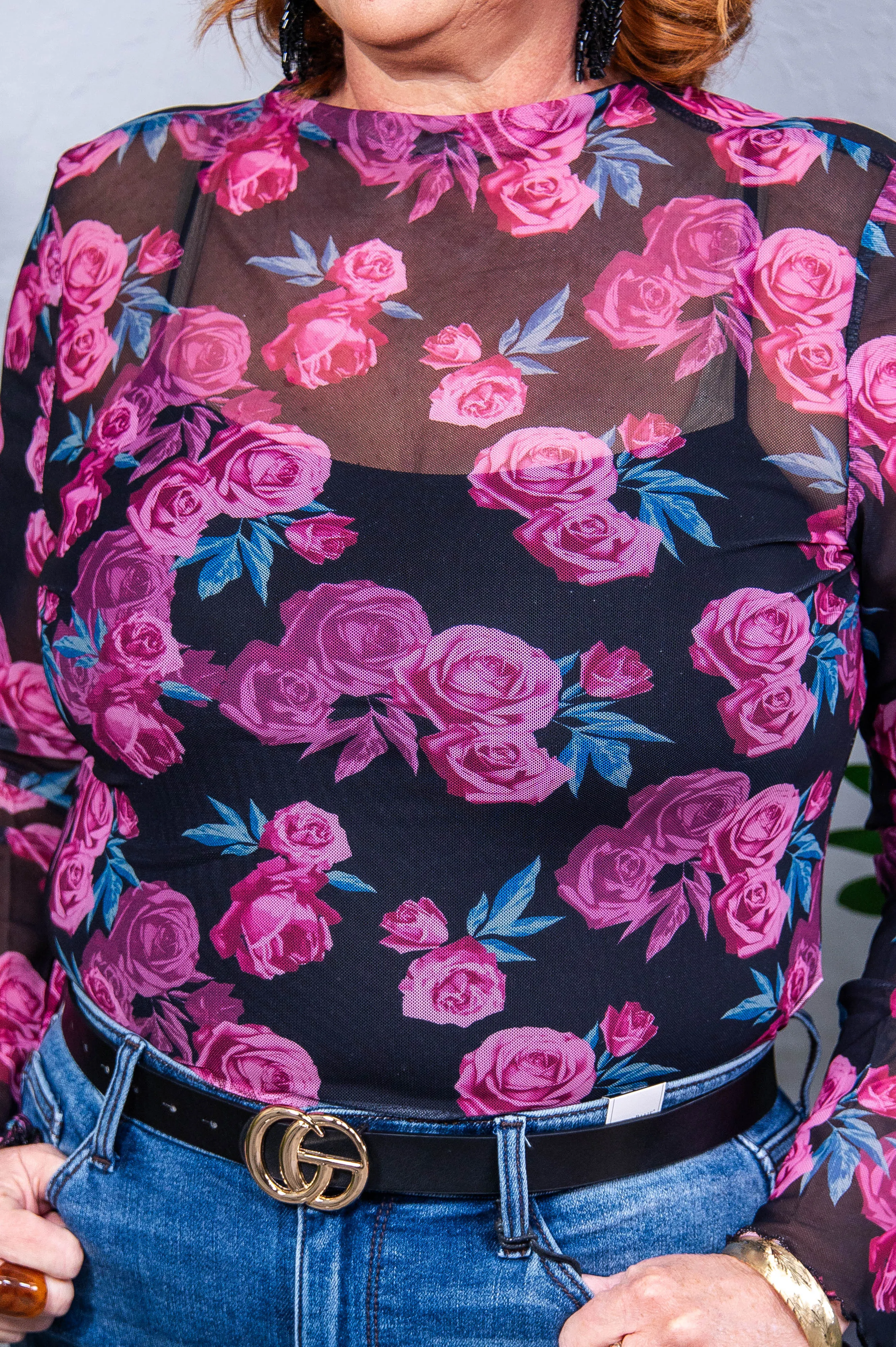 Sheer Sensation Floral Mock Neck Long Sleeve Top