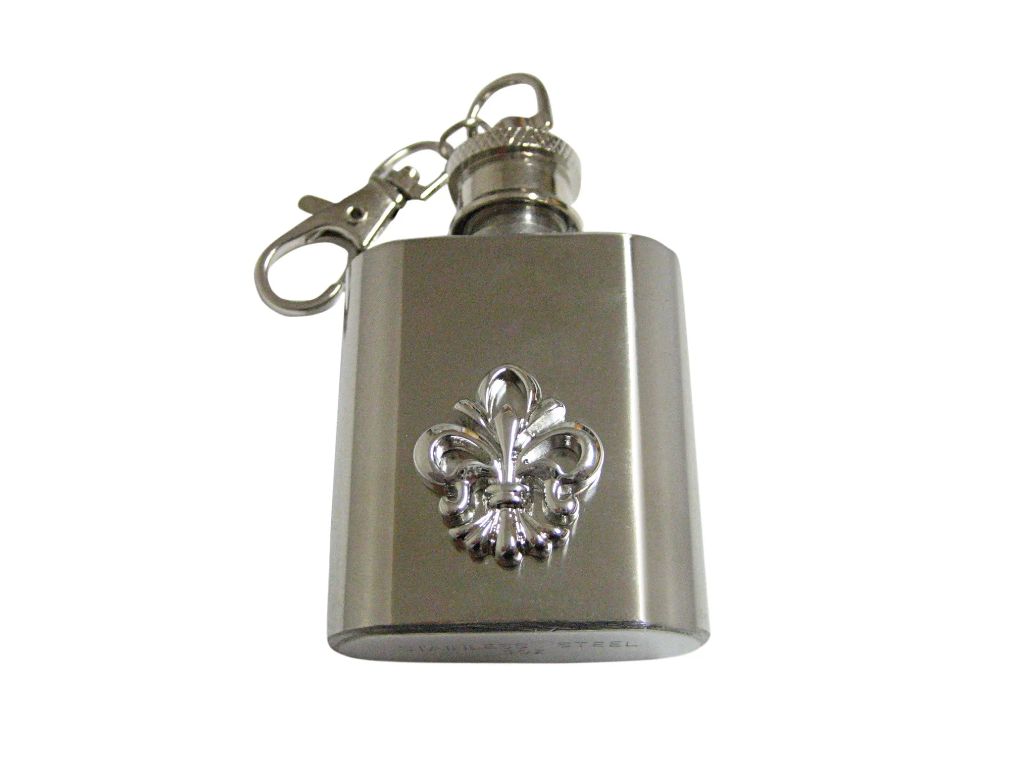 Silver Toned Detailed Fleur de Lys 1 Oz. Stainless Steel Key Chain Flask