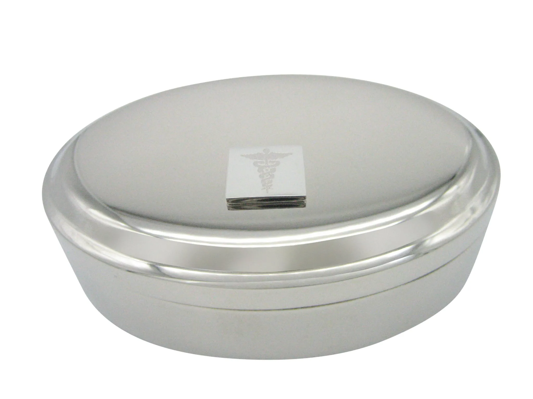 Silver Toned Etched Detailed Caduceus Medical Symbol Pendant Oval Trinket Jewelry Box